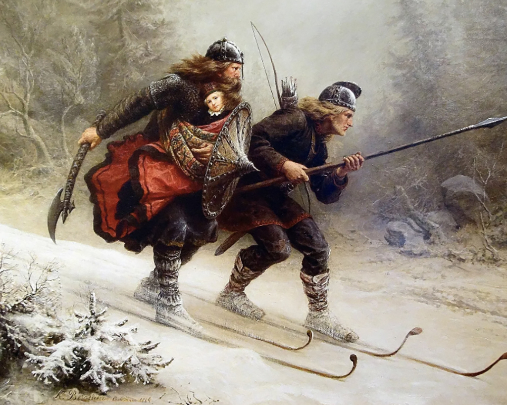 Depiction of Birkebeiner skiers carrying Prince Haakon to safety during the winter of 1206. By Knud Larsen Bergslien.